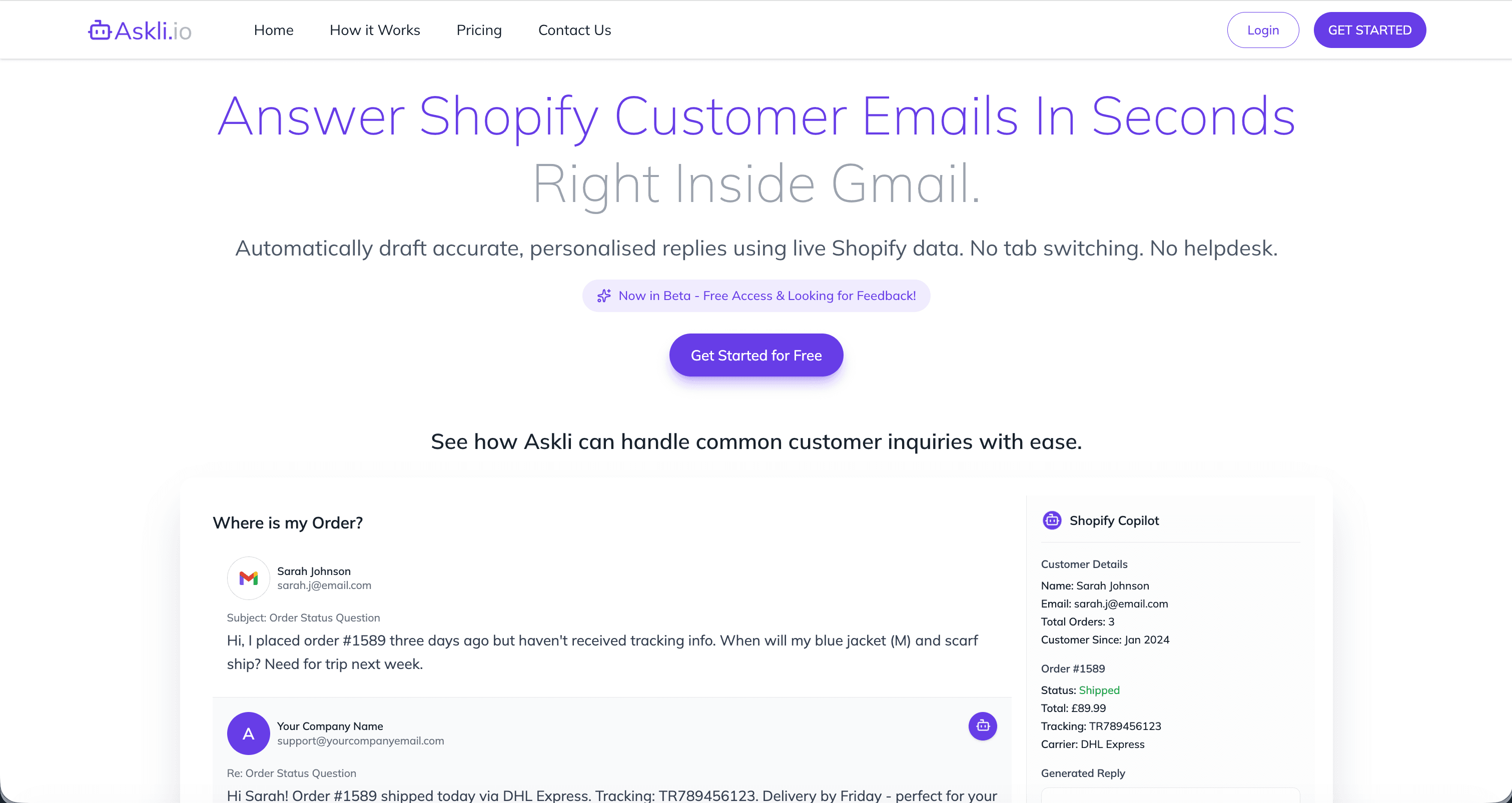Askli AI customer support website for Shopify and Gmail